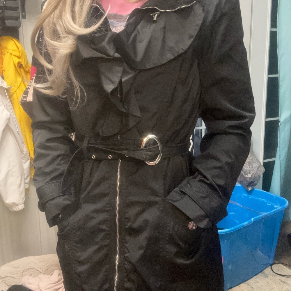 White House Black Market Black Ruffled Trench Coat with Belt